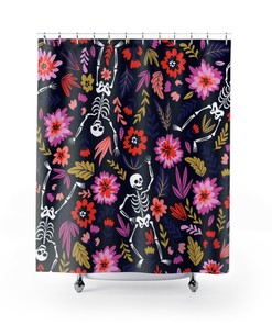 Spooky Skull Flower Shower Curtain, Halloween Print Bathroom Decor, Design Art Gift Idea