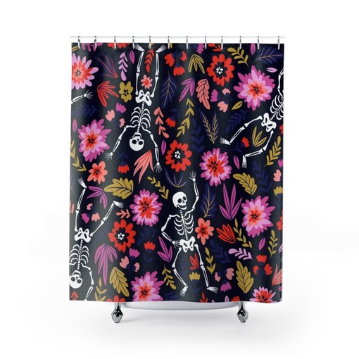 Spooky Skull Flower Shower Curtain, Halloween Print Bathroom Decor, Design Art Gift Idea