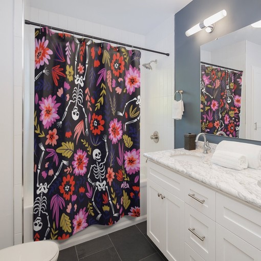 Spooky Skull Flower Shower Curtain, Halloween Print Bathroom Decor, Design Art Gift Idea - Image 2