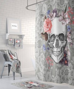 Spooky Sugar Skull and Day of the Dead Floral Shower Curtain Set - Dark Bath Set with Lace-Tech Bath Mat Bathroom Decor