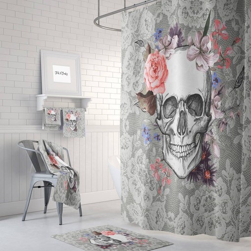 Spooky Sugar Skull and Day of the Dead Floral Shower Curtain Set - Dark Bath Set with Lace-Tech Bath Mat Bathroom Decor