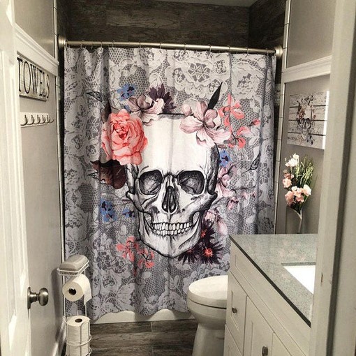 Spooky Sugar Skull and Day of the Dead Floral Shower Curtain Set - Dark Bath Set with Lace-Tech Bath Mat Bathroom Decor - Image 2