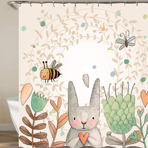 Spring Garden Shower Curtain | Santa Rabbit Bee Butterfly Tulip Flower | Home Bath Decor | Botanical Print