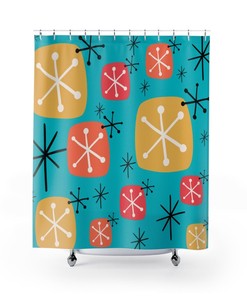 Starburst and Atomic Accented Aqua, Yellow, and Coral Mid Century Modern Retro Shower Curtain