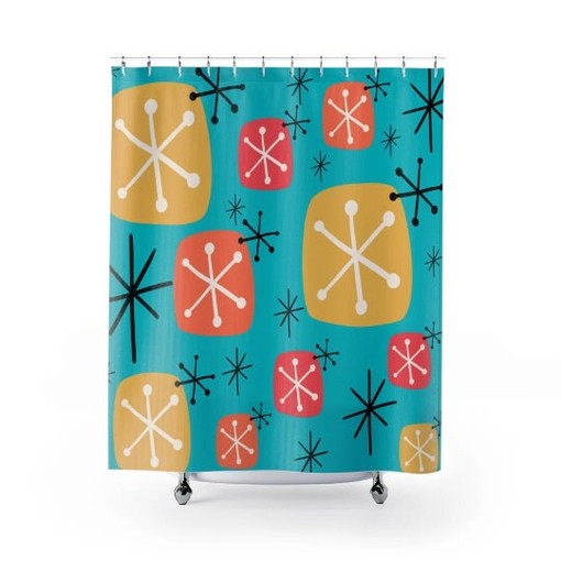 Starburst and Atomic Accented Aqua, Yellow, and Coral Mid Century Modern Retro Shower Curtain - Image 2