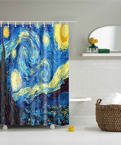 Starry Night Moon Shower Curtain | Dutch Painter Inspired | Famous Oil Painting | Blue Night Bathroom Decor