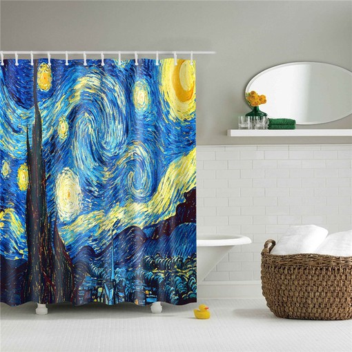 Starry Night Moon Shower Curtain | Dutch Painter Inspired | Famous Oil Painting | Blue Night Bathroom Decor
