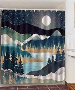 Starry Night Mountain Shower Curtain | Forest Landscape Blue Nature Fabric Home Bath Decor