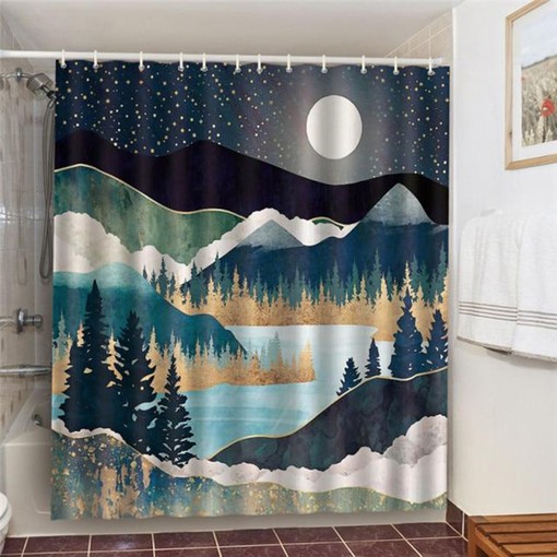 Starry Night Mountain Shower Curtain | Forest Landscape Blue Nature Fabric Home Bath Decor
