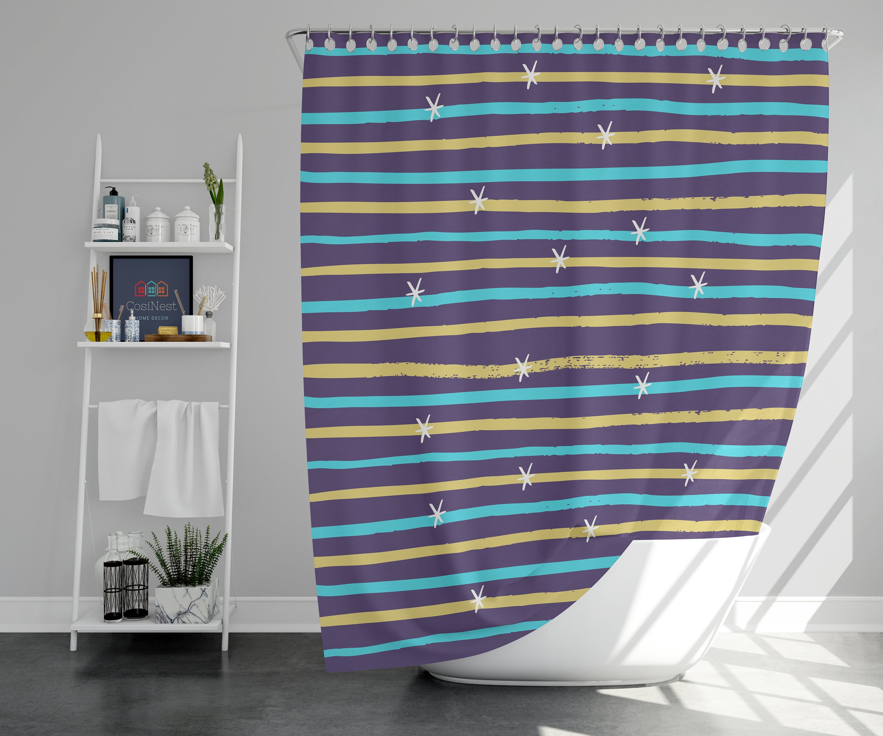 Starry Night Vintage Retro Shower Curtain and Mat, Boho Bathroom Decor Accessories