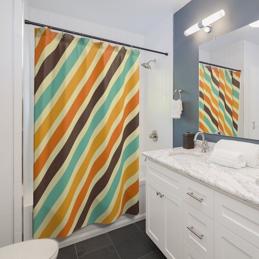 Striped Boho Retro Shower Curtain, 60's 70's Hippie Bathroom Accessory, Tub Curtain with Groovy Vibes - Image 2