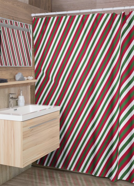 Striped Christmas Shower Curtain, Retro Festive Bathroom Accessory