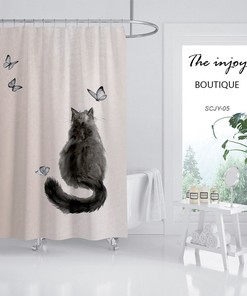 Stylish Black Cat Butterfly Decorative Shower Curtain, Waterproof Extra Heavy Quality Bathroom Curtain