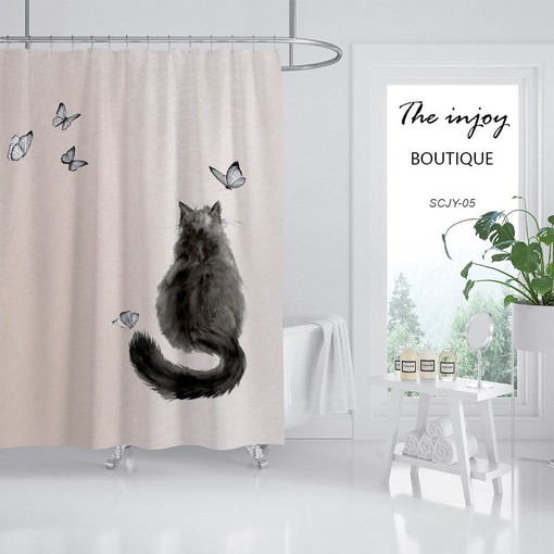 Stylish Black Cat Butterfly Decorative Shower Curtain, Waterproof Extra Heavy Quality Bathroom Curtain