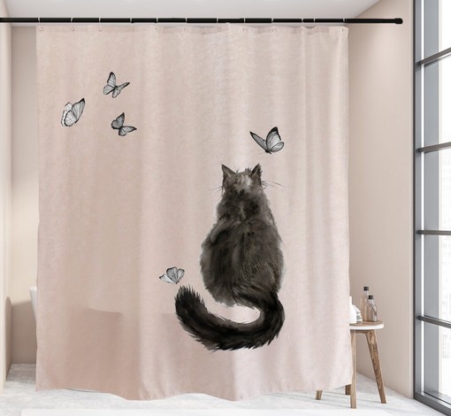 Stylish Black Cat Butterfly Decorative Shower Curtain, Waterproof Extra Heavy Quality Bathroom Curtain - Image 2