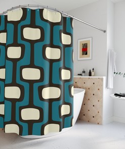 Stylish Geometric Dark Teal, Blue, Black, and Cream Mid Century Modern Retro Shower Curtain for a Modern Bathroom
