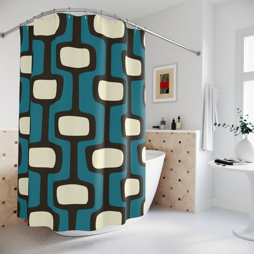 Stylish Geometric Dark Teal, Blue, Black, and Cream Mid Century Modern Retro Shower Curtain for a Modern Bathroom