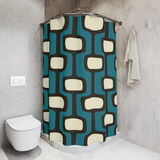 Stylish Geometric Dark Teal, Blue, Black, and Cream Mid Century Modern Retro Shower Curtain for a Modern Bathroom - Image 2