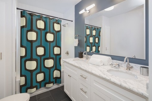 Stylish Geometric Dark Teal, Blue, Black, and Cream Mid Century Modern Retro Shower Curtain for a Modern Bathroom - Image 4