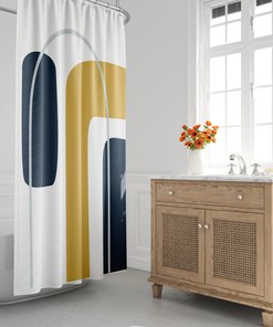 Stylish Rainbow Arch Shower Curtain with Geometric Shapes Design, Contemporary Bathroom