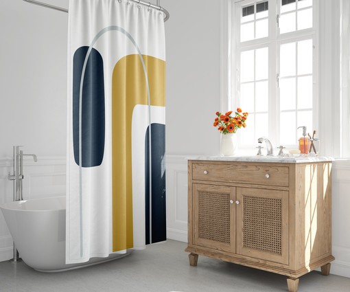 Stylish Rainbow Arch Shower Curtain with Geometric Shapes Design, Contemporary Bathroom
