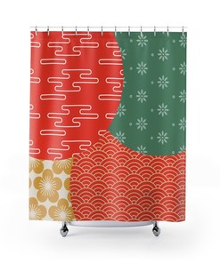 Stylish Trendy Geometric Coral, Yellow, and Green Retro Bohemian Shower Curtain for a Chic Bathroom