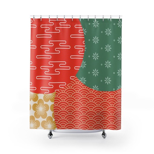 Stylish Trendy Geometric Coral, Yellow, and Green Retro Bohemian Shower Curtain for a Chic Bathroom