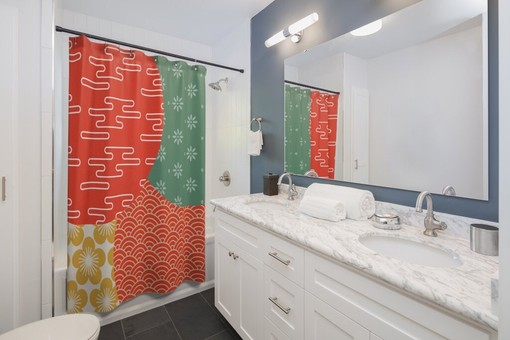 Stylish Trendy Geometric Coral, Yellow, and Green Retro Bohemian Shower Curtain for a Chic Bathroom - Image 2