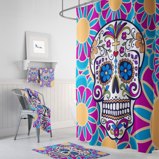 Sugar Skull Bathroom Set featuring Shower Curtain, Bath Mat, and Towels for Gothic Touches