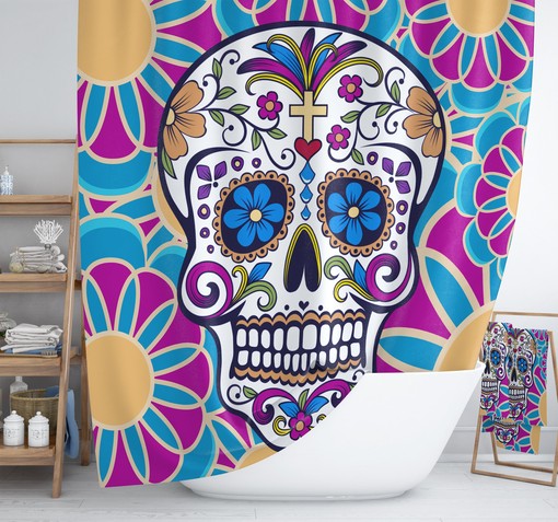 Sugar Skull Bathroom Set featuring Shower Curtain, Bath Mat, and Towels for Gothic Touches - Image 3