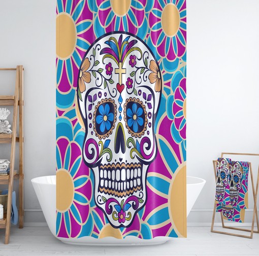 Sugar Skull Bathroom Set featuring Shower Curtain, Bath Mat, and Towels for Gothic Touches - Image 4