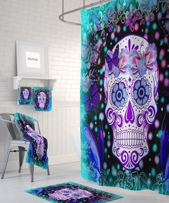Sugar Skull Butterflies Frosted Teal Shower Curtain Set with Day of the Dead Bath Items for Gothic Bathroom Decor