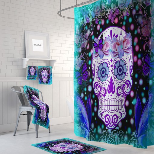 Sugar Skull Butterflies Frosted Teal Shower Curtain Set with Day of the Dead Bath Items for Gothic Bathroom Decor