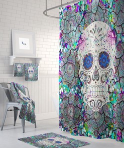 Sugar Skull Colorful Mosaic Boho Shower Curtain / Halloween Bath Decor / Bohemian Bathroom Accessories