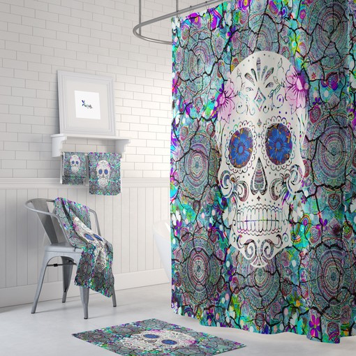 Sugar Skull Colorful Mosaic Boho Shower Curtain / Halloween Bath Decor / Bohemian Bathroom Accessories