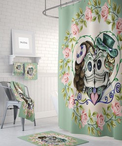 Sugar Skull Couple Shower Curtain with Green Skull Bathroom Decor and Kissing Skulls design for Romantic Style