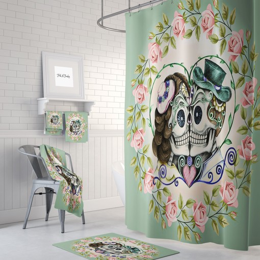 Sugar Skull Couple Shower Curtain with Green Skull Bathroom Decor and Kissing Skulls design for Romantic Style