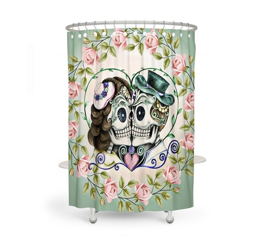 Sugar Skull Couple Shower Curtain with Green Skull Bathroom Decor and Kissing Skulls design for Romantic Style - Image 2