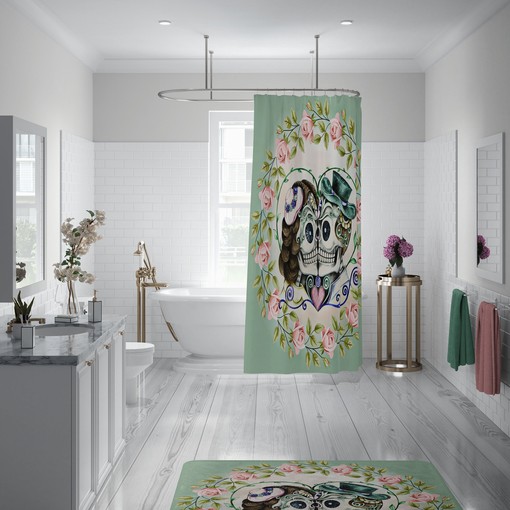 Sugar Skull Couple Shower Curtain with Green Skull Bathroom Decor and Kissing Skulls design for Romantic Style - Image 3