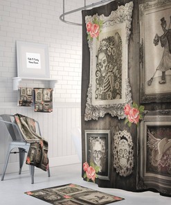Sugar Skull Family Portrait Shower Curtain with Primitive Rustic Framed Skulls for Edgy Style