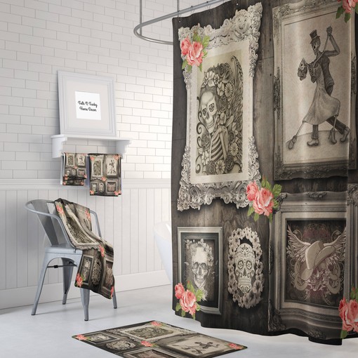 Sugar Skull Family Portrait Shower Curtain with Primitive Rustic Framed Skulls for Edgy Style