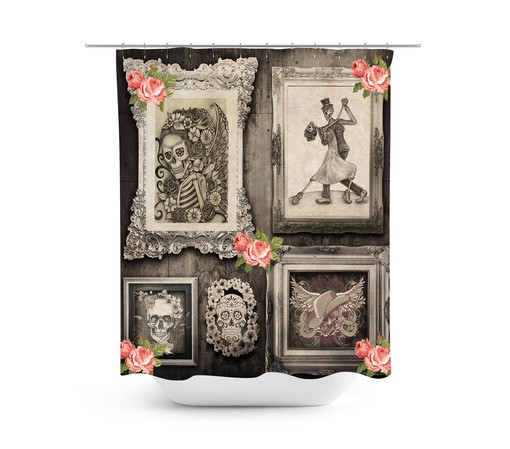 Sugar Skull Family Portrait Shower Curtain with Primitive Rustic Framed Skulls for Edgy Style - Image 2
