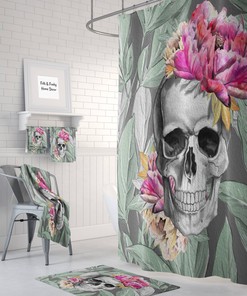 Sugar Skull Floral Day Of The Dead Shower Curtain Set - Unique Bathroom Decor