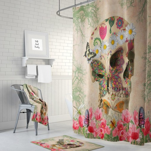 Sugar Skull Shower Curtain | Retro Boho Hippie Design | Vintage Bath Set
