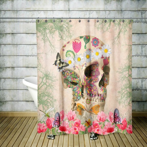 Sugar Skull Shower Curtain | Retro Boho Hippie Design | Vintage Bath Set - Image 2