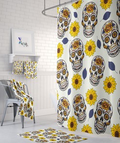 Sugar Skull Sunflower Print Shower Curtain with Optional Towels and Bath Mat