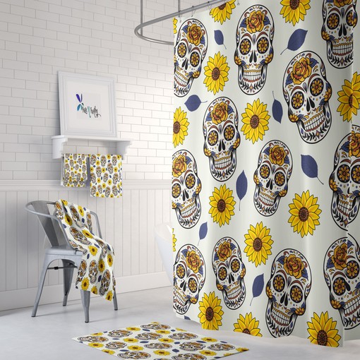 Sugar Skull Sunflower Print Shower Curtain with Optional Towels and Bath Mat
