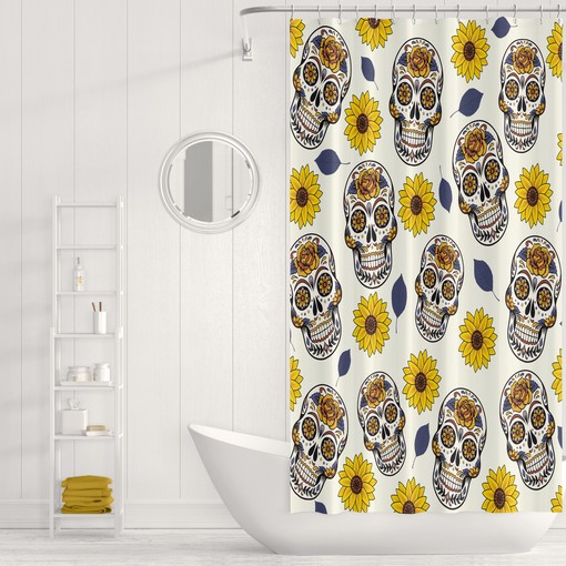 Sugar Skull Sunflower Print Shower Curtain with Optional Towels and Bath Mat - Image 2
