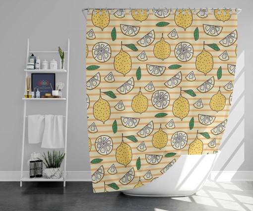 Summer Lemonade Fruit Shower Curtain | Yellow Lemon Green Leaves Bath Decor | Housewarming Gift