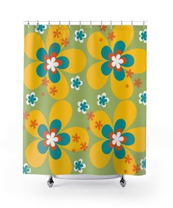 Summer Vibes Flower Power Green, Orange, White, and Teal Retro Mid Mod Groovy Shower Curtain for a Fun Bathroom